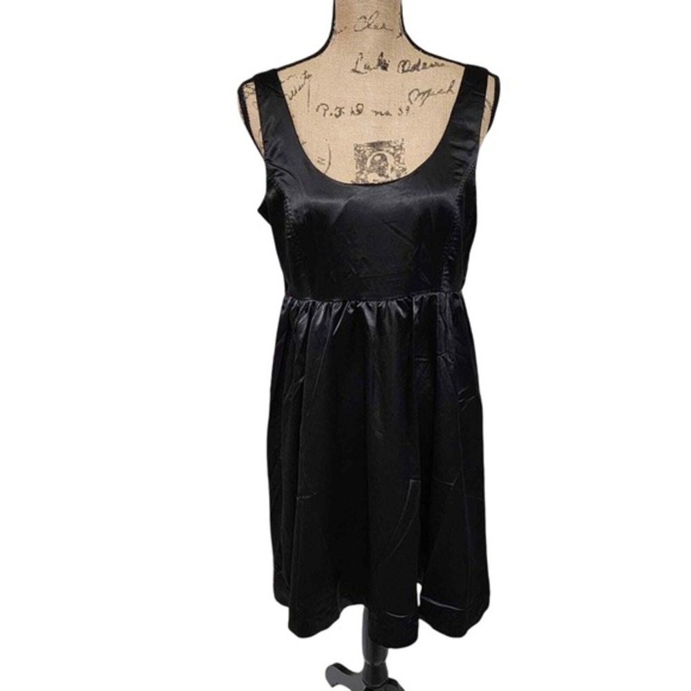 Love Stitch Black Satin Fit Flare Dress Large Bow Back Evening Cocktail sz large